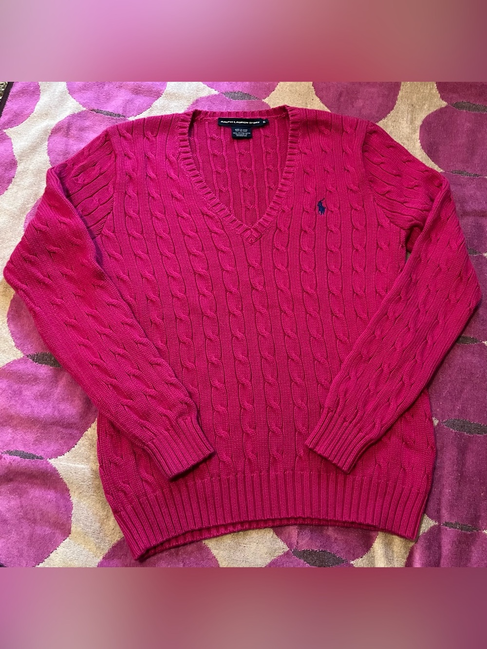 Ralph Lauren Sport V-Neck Cable Knit Sweater in Vibrant Raspberry